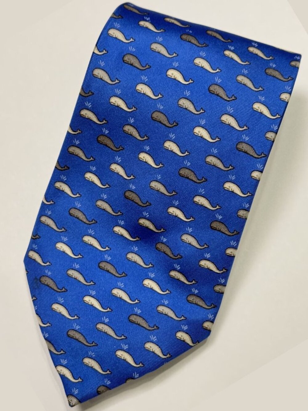 BURBERRY Blue Grey Whale Print Silk Neck Tie